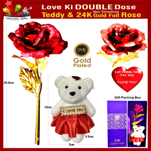 Valentine Gift for Girlfriend Boyfriend Husband Wife Couples Girls Boys 24K Golden/Red Rose with I Love You Teddy Bear, Gift Box and Carry Bag