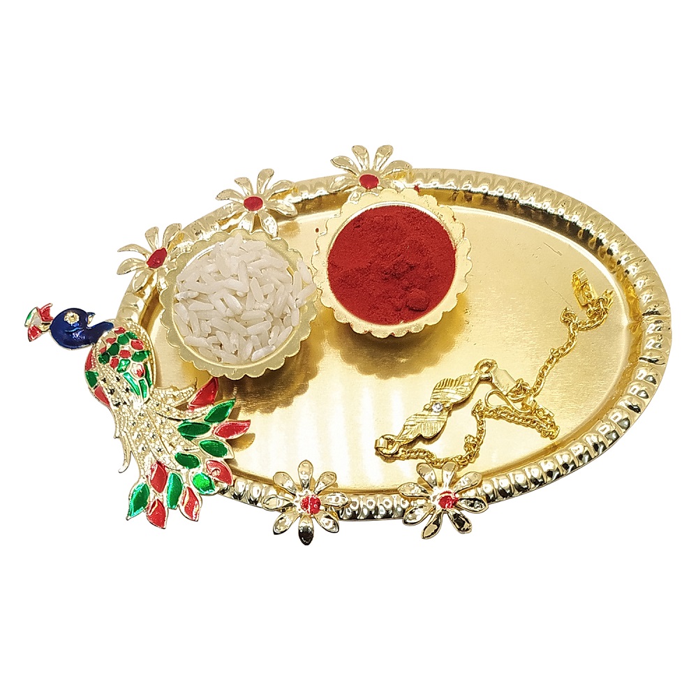 Gold Plated Rakhi Combo, Gold Plated Thali/Tray, Roli Chawal Pouches, Greeting Card