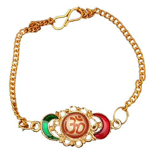 Gold Plated Om Peacock Color Rakhi With Box