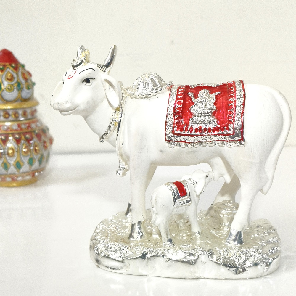 Kamdhenu Cow with Calf Decorative Showpiece Decor (Silver Plated, Terracotta)