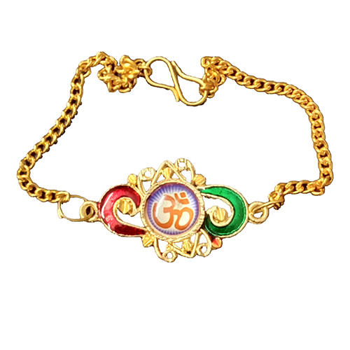 Gold Plated Om Peacock Color Rakhi With Box