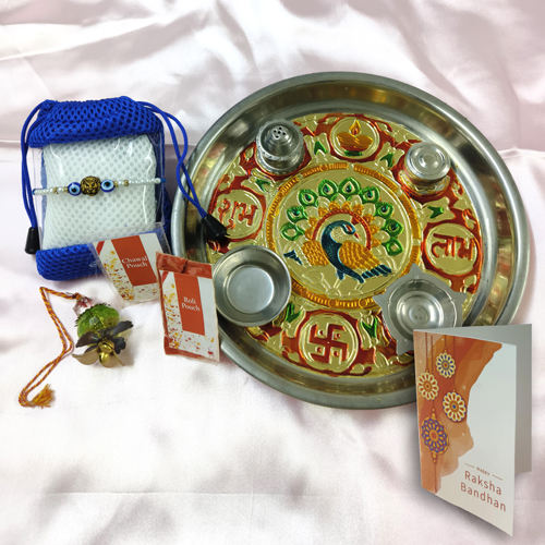 Evil Eye Rakhi & Designer Lumba Golden Meenakari Thali Rakhi Set for Men with Roli Chawal Rakhi for Brother Combo Pack