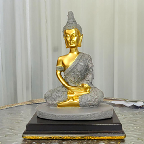 Sitting Buddha Statue Buddha Idol Showpiece for Buddha Purnima Home, Office with Wooden Base (Resin)
